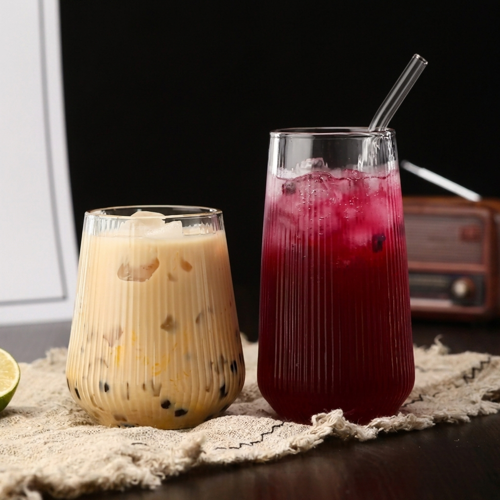 Dois copos de vidro transparente com estrias verticais densas e uniformes pousados sobre uma superfície com base de rime. O copo da esquerda contém um latte gelado com palhinha de vidro e o copo da direita contém uma bebida roxa com gelo e ervas verdes. Ao fundo, vêem-se um rádio vintage e plantas.
